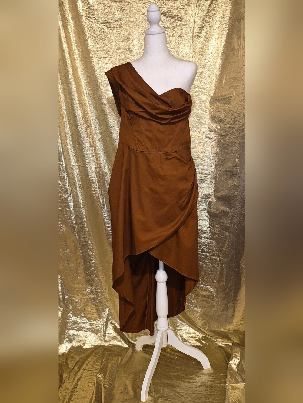 Elegant One-Shoulder Brown Draped Midi Dress